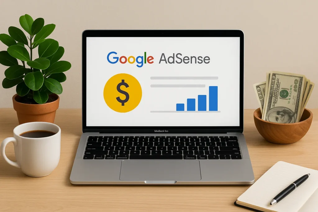 Modern workspace with laptop and AdSense setup