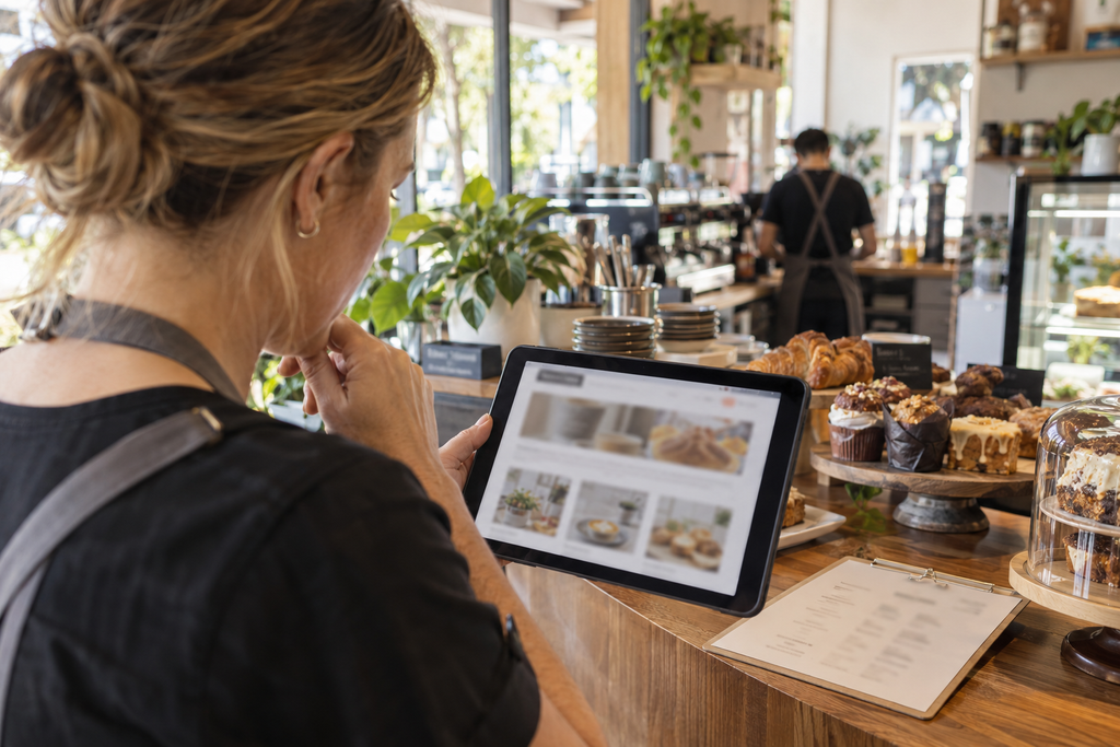 Café owner reviewing outdated business website content